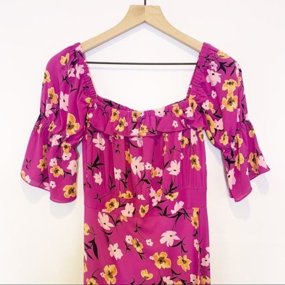 Flynn Skye Berry Floral Kiss Off Shoulder Short Smocked Sleeve Maxi Dress Small - Picture 2 of 10